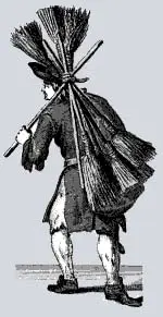 An old engraving of a broom seller carrying a bundle of brooms