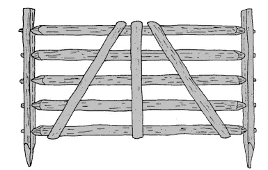 Drawing of a gate hurdle, built like a small five-bar gate
