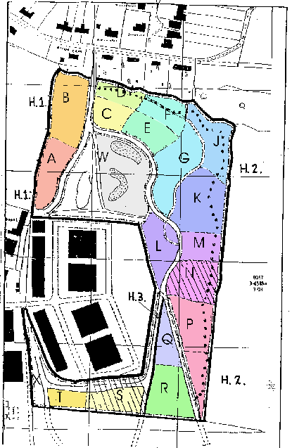 Map of Tottington Wood divided into its cants, each shaded in a different colour and marked with a letter